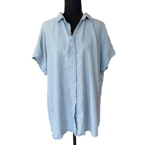 Soft Surroundings Light Wash Chambray Button Down Shirt Blue Womens L Coastal